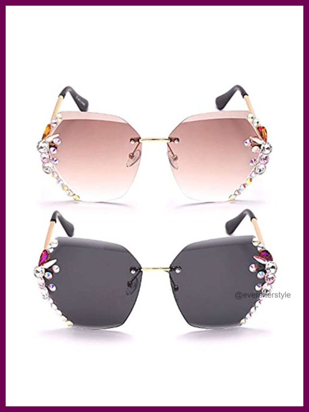 Square Rimless Rhinestone Crystal Sunglasses Women UV400 Polarized Glam Shield